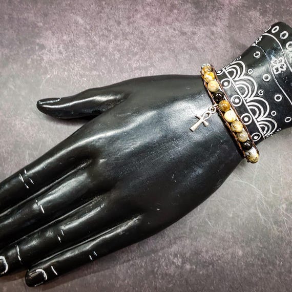 Dendritic Opal & Black Onyx Wrap Bracelet with Ankh – Growth, Protection, Life Force Energy