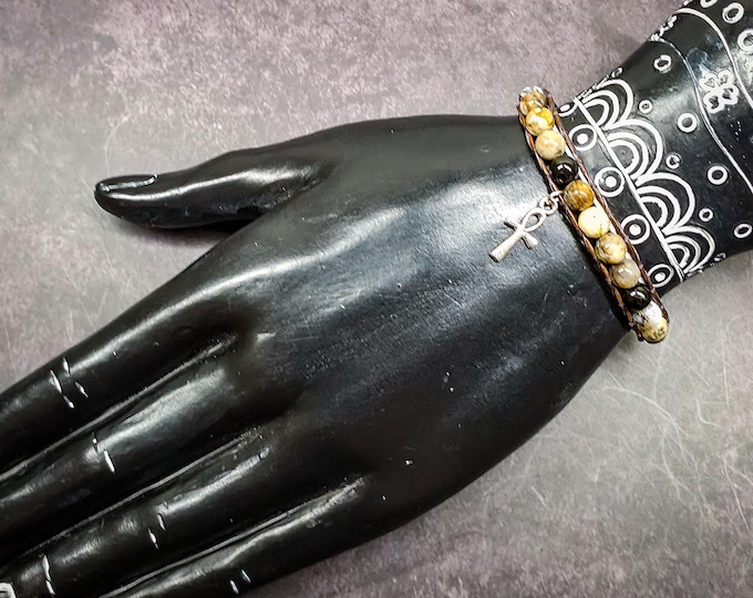 Dendritic Opal & Black Onyx Wrap Bracelet with Ankh – Growth, Protection, Life Force Energy