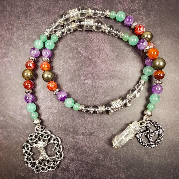 Goddess Brigid Prayer Beads: Fire Agate, Aventurine, Pyrite Devotional Beads