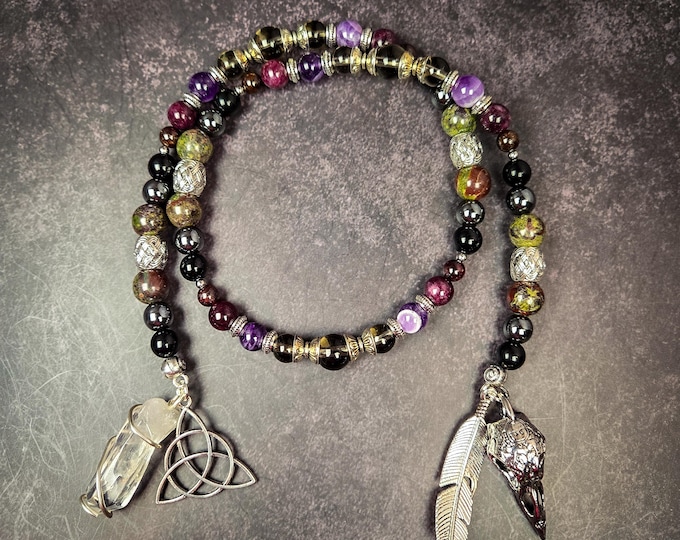 Morrigan Prayer Beads: Obsidian, Garnet, Amethyst Celtic Goddess Rosary