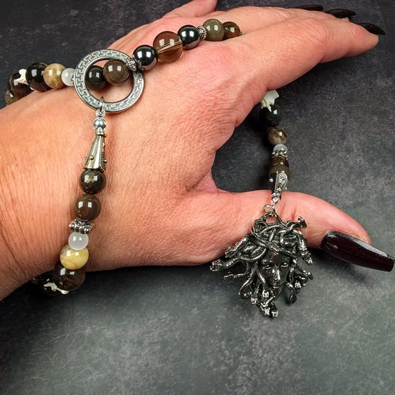 Medusa Wrist Rosary: Petrified Wood, Selenite, and Black Moonstone Prayer Beads with Snake Vertebrae
