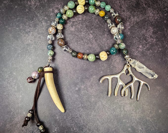 Celtic God Cernunnos Devotional Beads: India Agate and Clear Quartz Prayer Beads