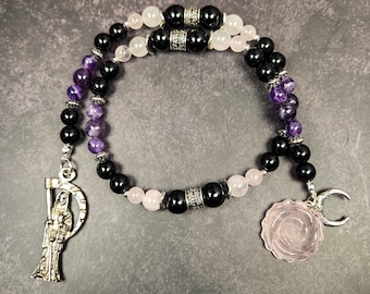 Santa Muerte Prayer Beads: Obsidian, Amethyst, and Rose Quartz Rosary
