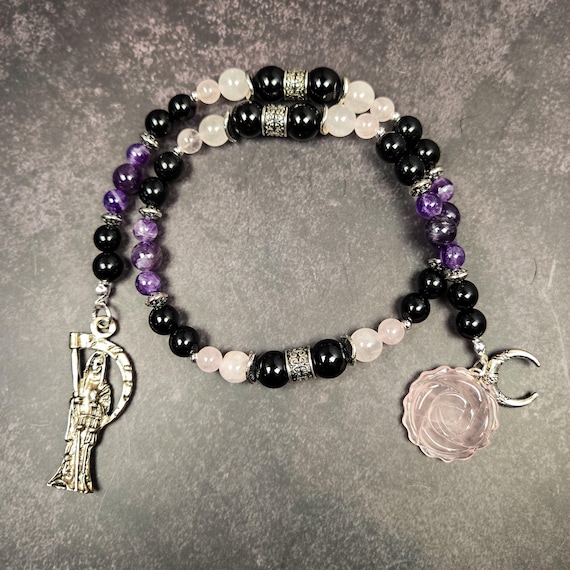 Santa Muerte Prayer Beads: Obsidian, Amethyst, and Rose Quartz Rosary