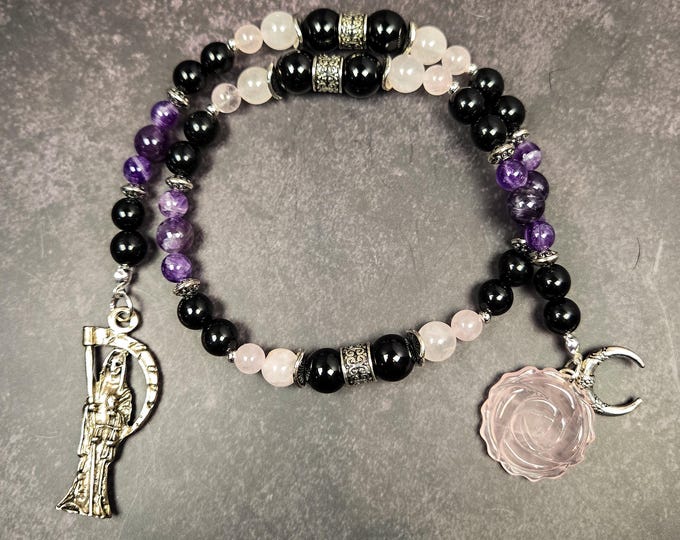Santa Muerte Prayer Beads: Obsidian, Amethyst, and Rose Quartz Rosary