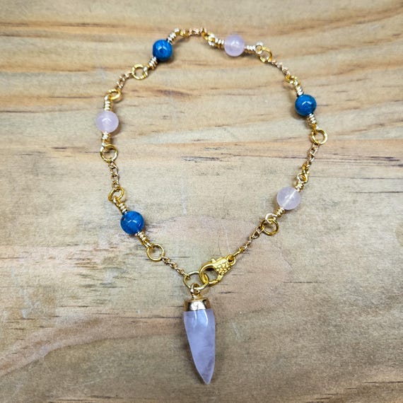 Rose Quartz and Blue Apatite Pendulum Bracelet - Wearable Divination Tool - Crystal Healing Jewelry