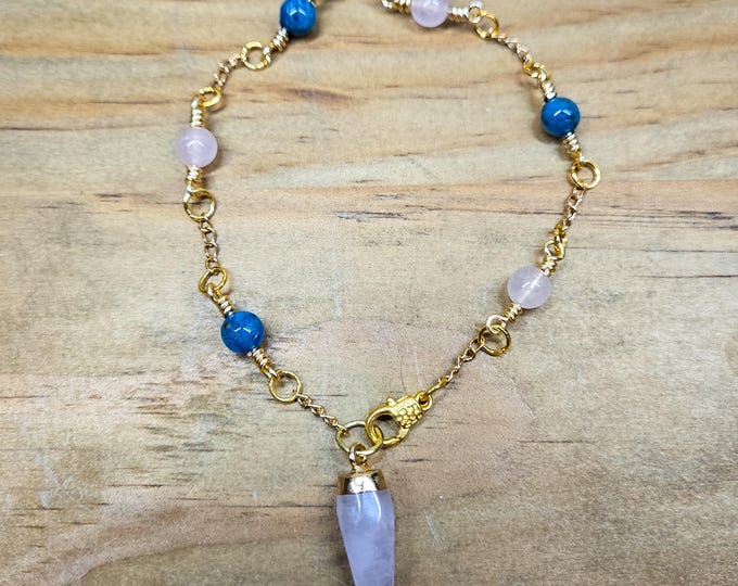 Rose Quartz and Blue Apatite Pendulum Bracelet - Wearable Divination Tool - Crystal Healing Jewelry