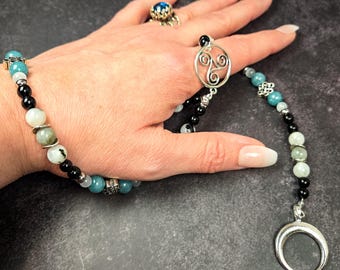 Celtic Goddess Arianrhod Wrist Rosary: Moonstone, Aquamarine, & Selenite Prayer Beads
