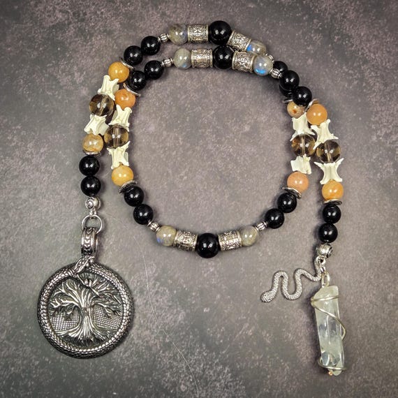 Jormungandr Prayer Beads: Norse God Rosary with Black Moonstone, Obsidian, and Labradorite