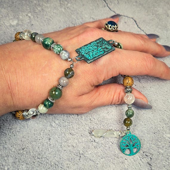 Nature Witch Wrist Rosary – India Agate, Palmwood, and Clear Quartz