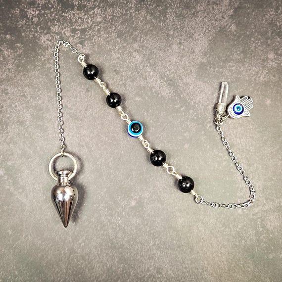 Black Tourmaline Protection Pendulum: Dowsing Tool with Nazar Beads for Clear, Grounded Divination