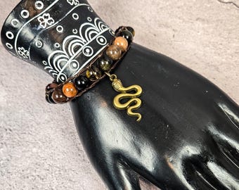 Medusa Leather Wrap Bracelet — Petrified Wood, Obsidian & Smoky Quartz