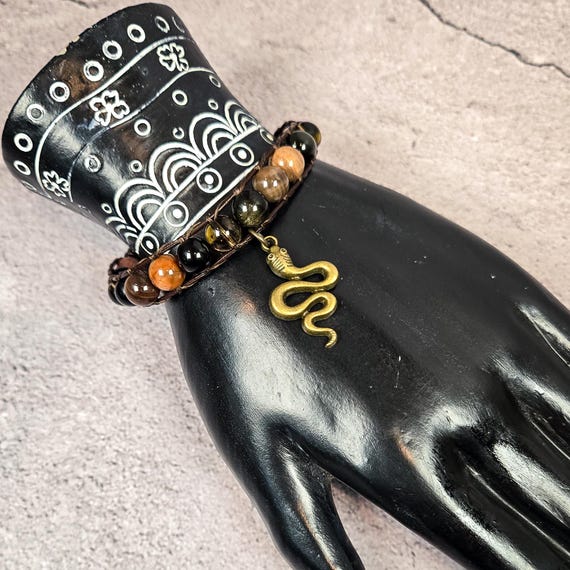 Medusa Leather Wrap Bracelet — Petrified Wood, Obsidian & Smoky Quartz