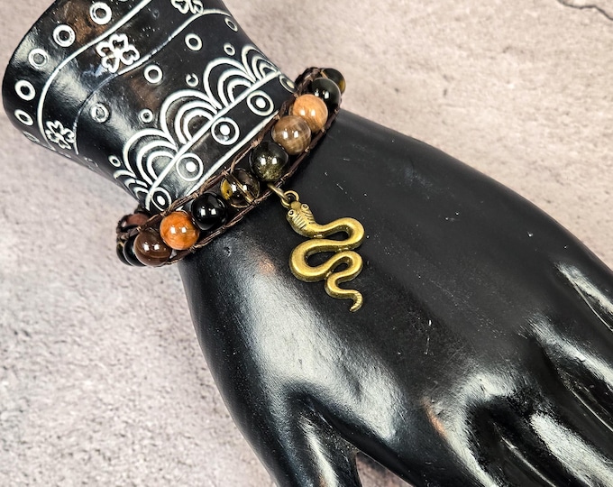 Medusa Leather Wrap Bracelet — Petrified Wood, Obsidian & Smoky Quartz