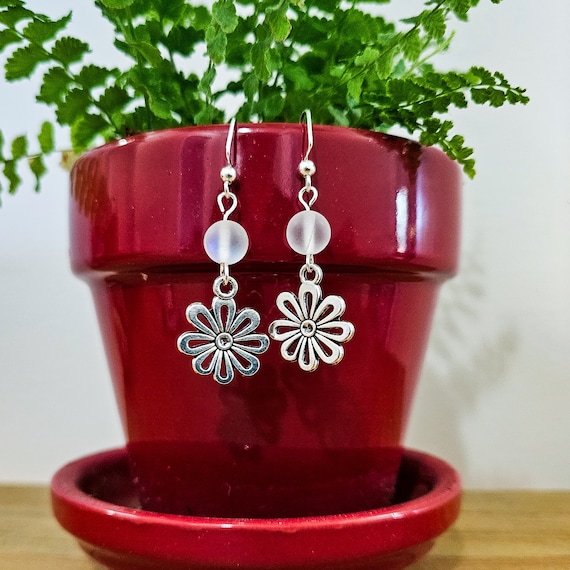 Simulated Moonstone and Daisy Earrings