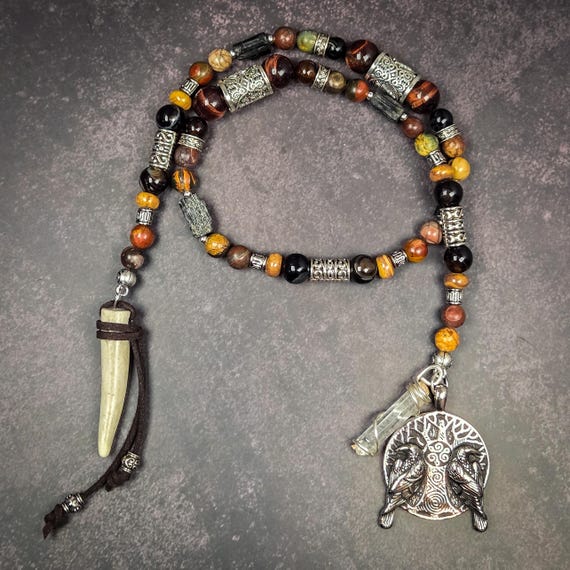 Odin Prayer Beads: Norse Pagan Rosary with Jasper, Agate & Black Tourmaline