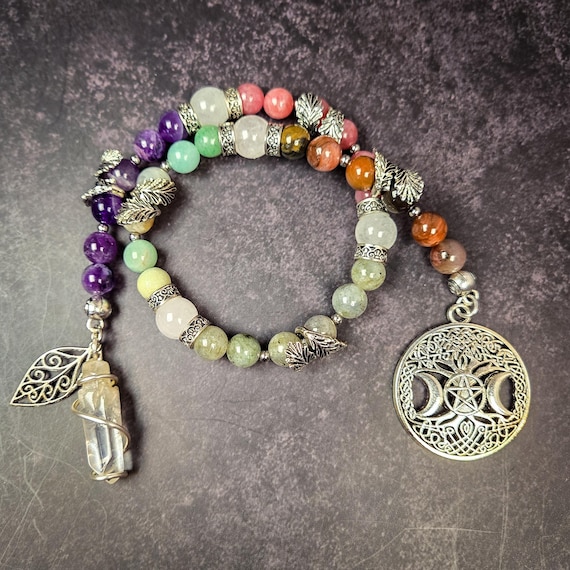 Five Elements Prayer Beads: Amethyst, Sunstone, Labradorite, Amazonite, Petrified Wood