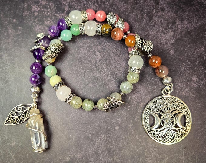 Five Elements Prayer Beads: Amethyst, Sunstone, Labradorite, Amazonite, Petrified Wood