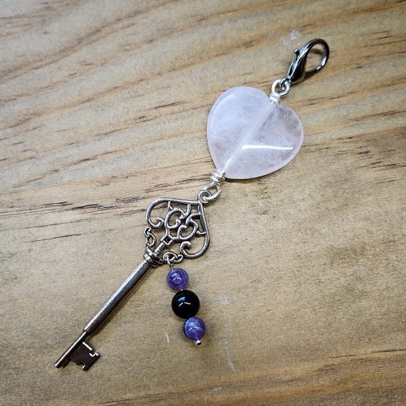 Rose Quartz Gemstone Keychain - Goddess Hekate Key Ring - Crystal Zipper Pull