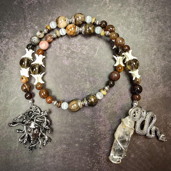 Medusa Prayer Beads: Petrified Wood, Selenite, and Septarian Rosary with Snake Vertebrae