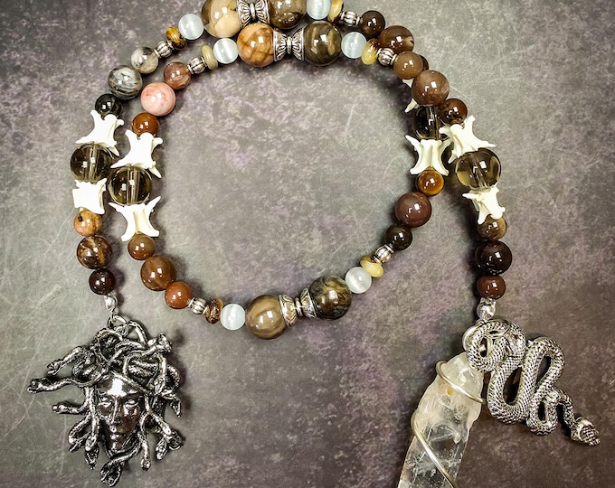 Medusa Prayer Beads: Petrified Wood, Selenite, and Septarian Rosary with Snake Vertebrae