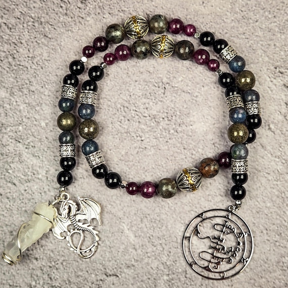 Asmodeus Devotional Prayer Beads – Obsidian, Garnet, and Yooperlite Rosary