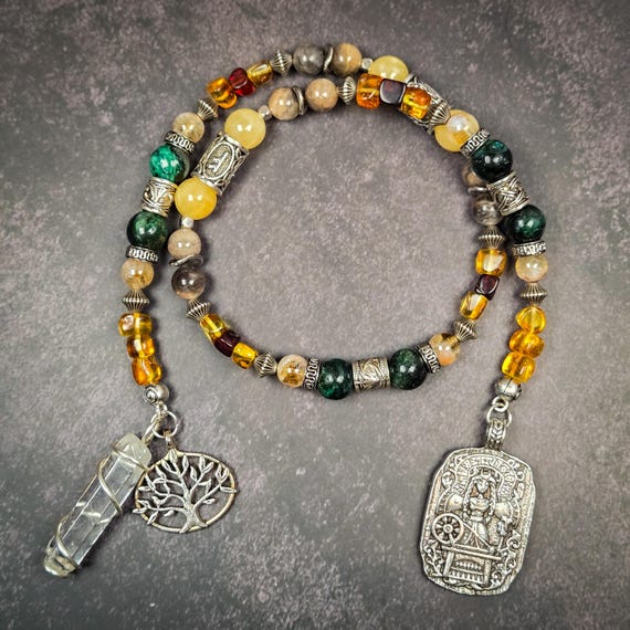 Frigg Norse Goddess Prayer Beads: Amber, Calcite, Emerald
