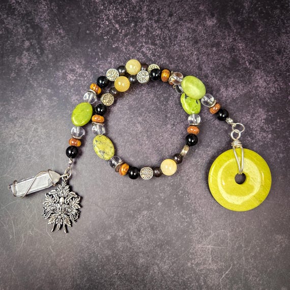 Green Man Prayer Beads: Black Tourmaline, Honey Calcite, Serpentine Rosary