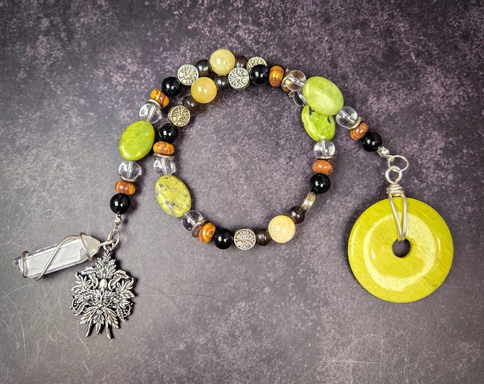 Green Man Prayer Beads: Black Tourmaline, Honey Calcite, Serpentine Rosary