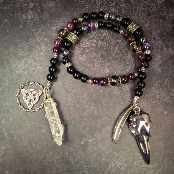 Morrigan Prayer Beads: Obsidian, Garnet, Amethyst Celtic Goddess Rosary