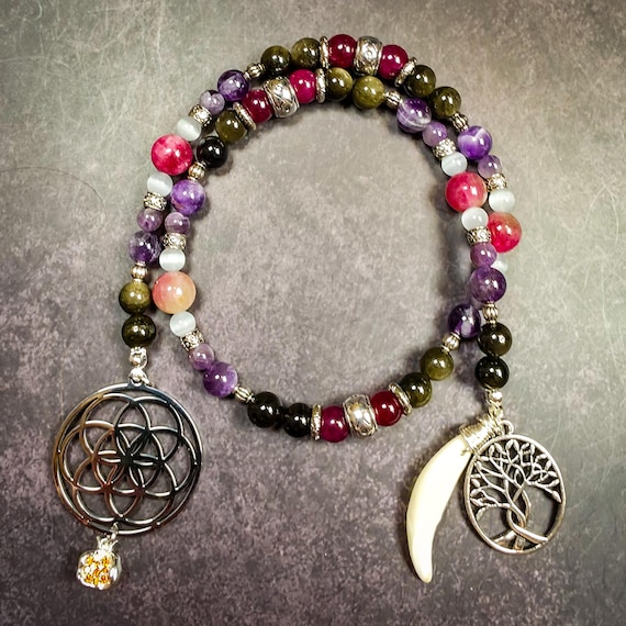 Persephone Prayer Beads: Garnet, Obsidian, and Amethyst Rosary