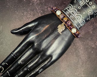 Purple Ghost Quartz & Moonstone Leather Wrap Bracelet: Intuition, Spiritual Growth, and Earth Connection
