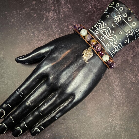 Purple Ghost Quartz & Moonstone Leather Wrap Bracelet: Intuition, Spiritual Growth, and Earth Connection