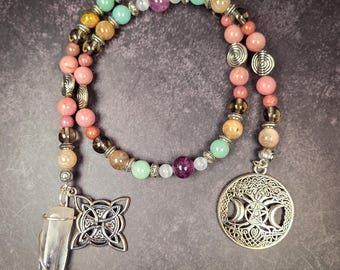 Divine Feminine Prayer Beads: Amazonite, Rhodonite, and Black Moonstone Goddess Rosary