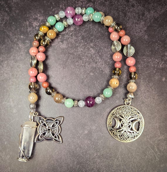 Divine Feminine Prayer Beads: Amazonite, Rhodonite, and Black Moonstone Goddess Rosary