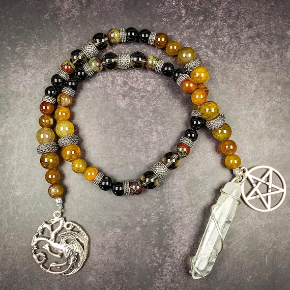 Draconic Magick Rosary: Dragon Vein Agate, Dragon Blood Jasper, and Obsidian Prayer Beads