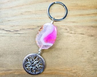 Agate Gemstone Keychain - Celtic Pentacle Key Ring - Crystal Zipper Pull