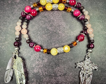 Freyja Devotional Prayer Beads – Norse Goddess Altar Tool, Honey Calcite, Rose Quartz, Garnet