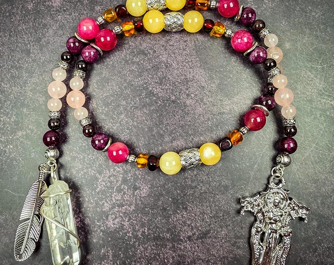 Freyja Devotional Prayer Beads – Norse Goddess Altar Tool, Honey Calcite, Rose Quartz, Garnet