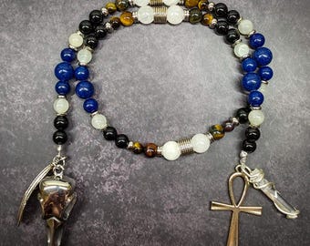 Khonsu Prayer Beads: Egyptian Moon God Meditation Mala with Tiger’s Eye, Obsidian, and Quartz