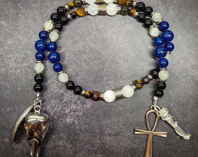 Khonsu Prayer Beads: Egyptian Moon God Meditation Mala with Tiger’s Eye, Obsidian, and Quartz