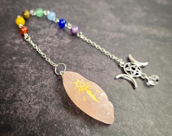 Rose Quartz Pendulum • Silver-Tone Chain with 7 Chakra Beads • Reiki, Divination & Energy Healing Tool