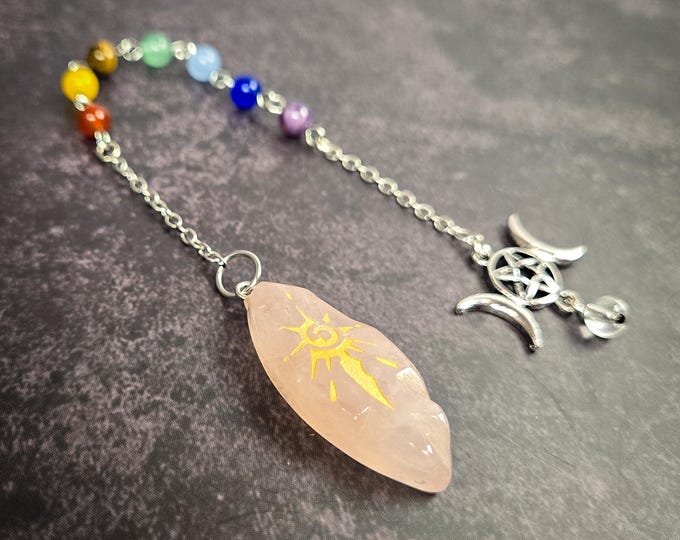 Rose Quartz Pendulum • Silver-Tone Chain with 7 Chakra Beads • Reiki, Divination & Energy Healing Tool