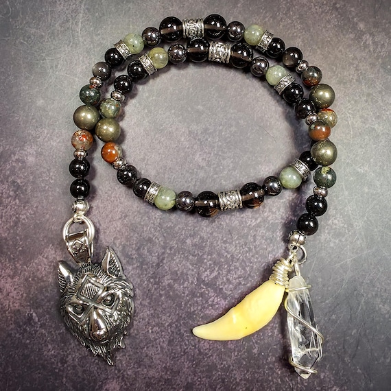 Norse God Fenrir Prayer Beads: Obsidian, Labradorite, and Bloodstone Devotional