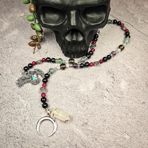 Nyx Prayer Beads – Black Tourmaline, Garnet, Fluorite, Selenite, and Smoky Quartz