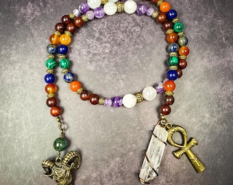 Hathor Devotional Prayer Beads – Carnelian, Amethyst, Malachite, and Lapis Lazuli Rosary
