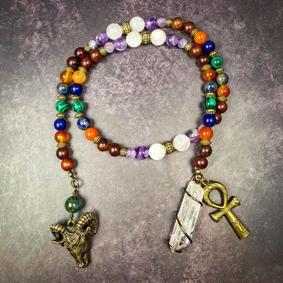 Hathor Devotional Prayer Beads – Carnelian, Amethyst, Malachite, and Lapis Lazuli Rosary