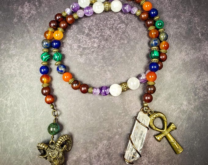 Hathor Devotional Prayer Beads – Carnelian, Amethyst, Malachite, and Lapis Lazuli Rosary