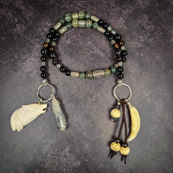 Norse God Fenrir Prayer Beads: Obsidian, Banded Agate, and Bloodstone