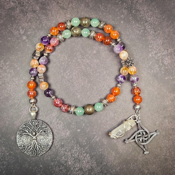 Goddess Brigid Prayer Beads: Fire Agate, Aventurine, Pyrite Devotional Beads